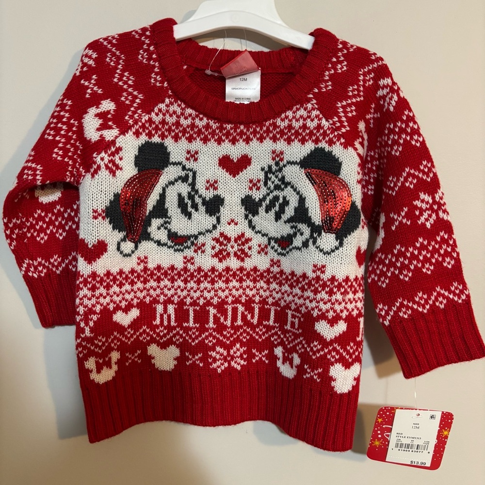 🎅Disney Red Minnie Mouse Christmas Sweater | Kids Size 12M | NWT